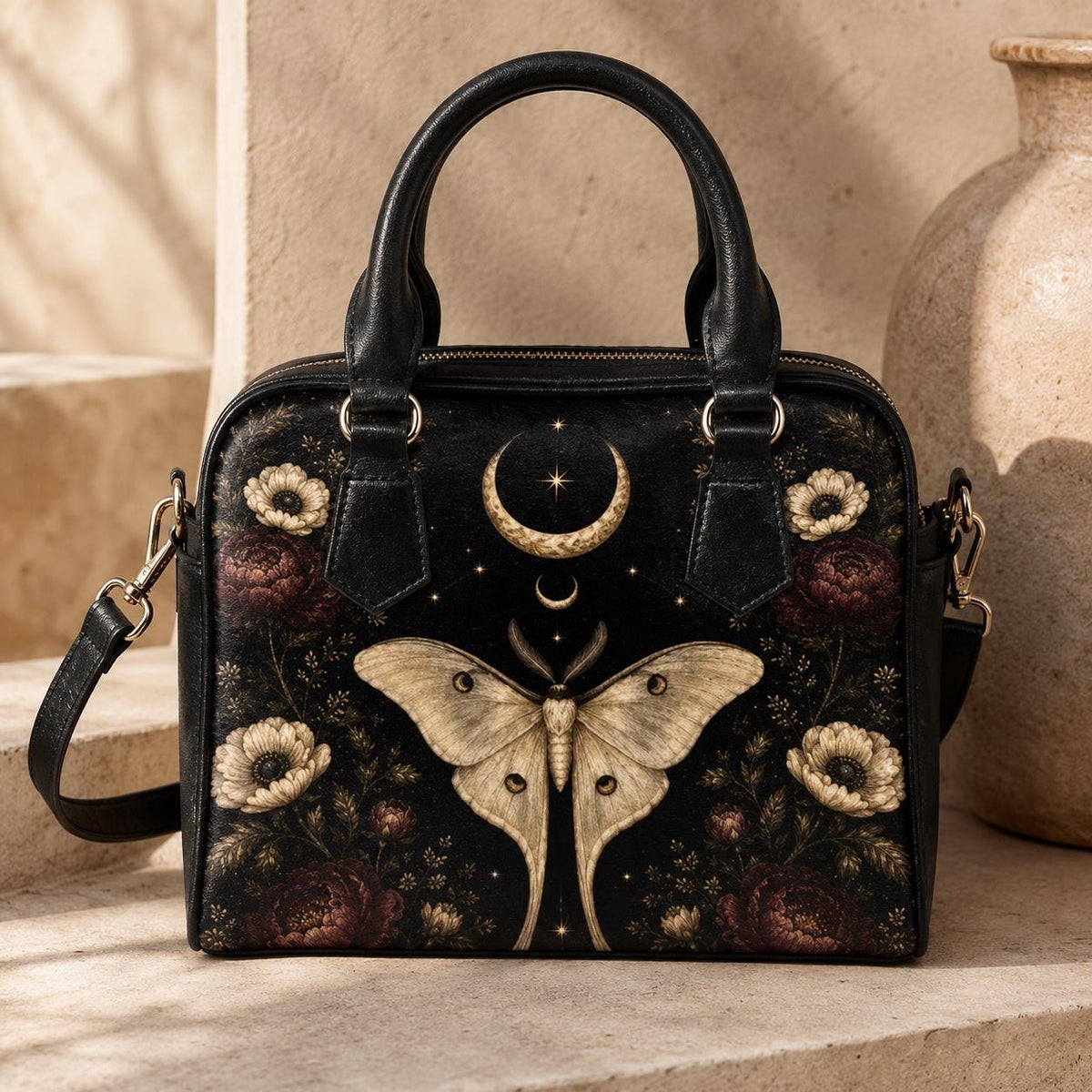 Luna Moth Handbag, Black Celestial Floral Shoulder Bag, Gothic Crossbody Purse