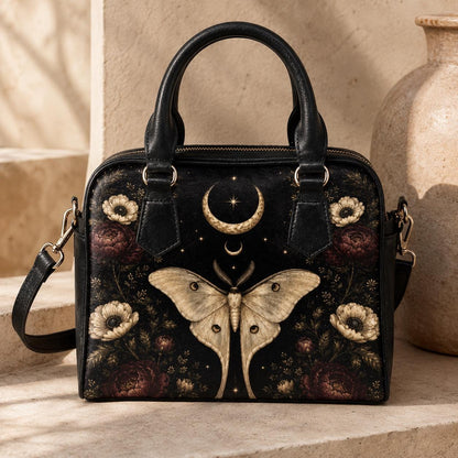 Luna Moth Handbag, Black Celestial Floral Shoulder Bag, Gothic Crossbody Purse