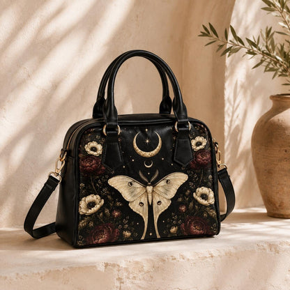 Luna Moth Handbag, Black Celestial Floral Shoulder Bag, Gothic Crossbody Purse