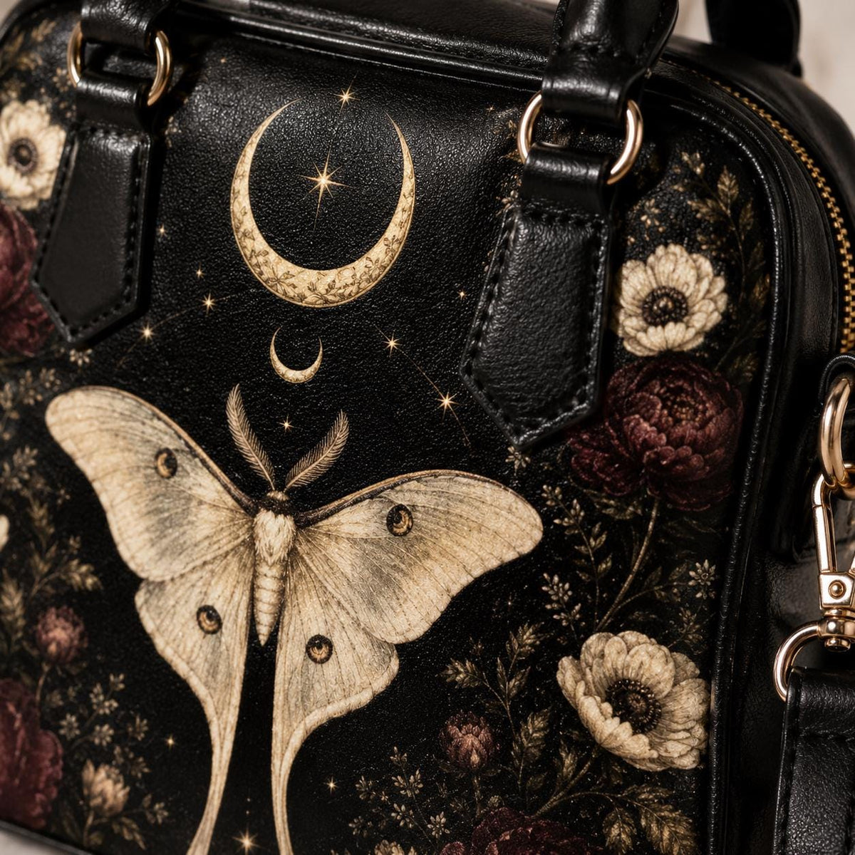 Luna Moth Handbag, Black Celestial Floral Shoulder Bag, Gothic Crossbody Purse