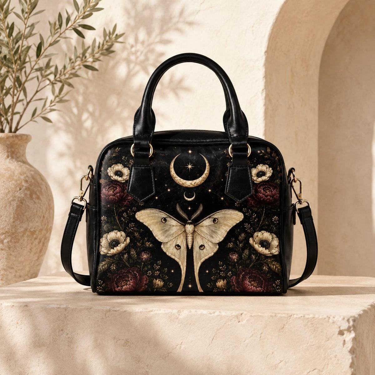 Luna Moth Handbag, Black Celestial Floral Shoulder Bag, Gothic Crossbody Purse