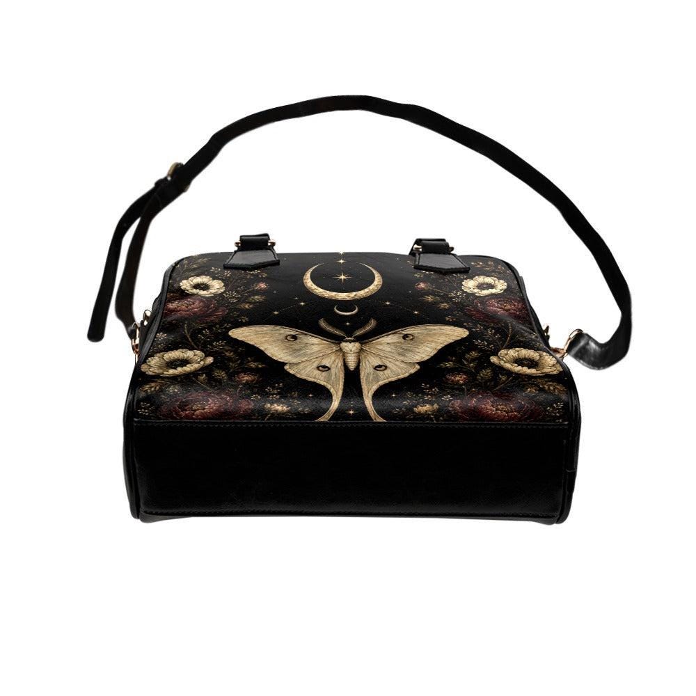 Luna Moth Handbag, Black Celestial Floral Shoulder Bag, Gothic Crossbody Purse
