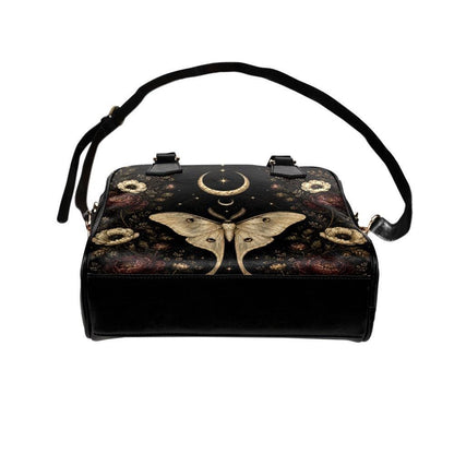 Luna Moth Handbag, Black Celestial Floral Shoulder Bag, Gothic Crossbody Purse