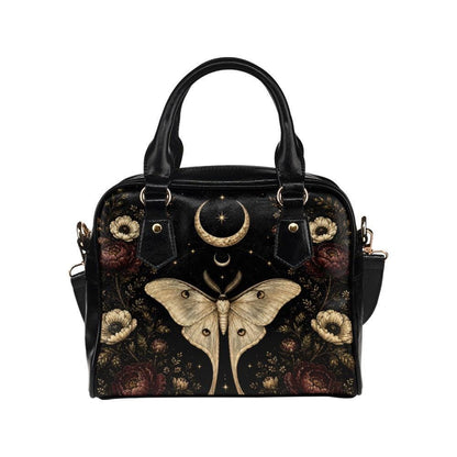 Luna Moth Handbag, Black Celestial Floral Shoulder Bag, Gothic Crossbody Purse