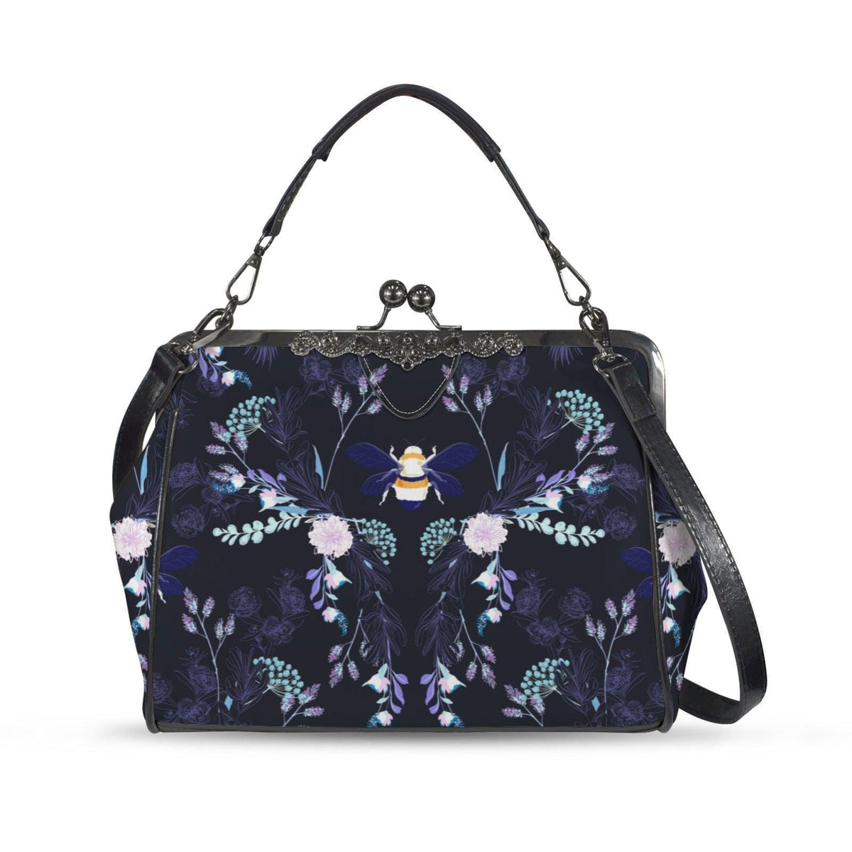 Bee Floral Kisslock Bag, Night Garden Purse, Cottagecore Handbag