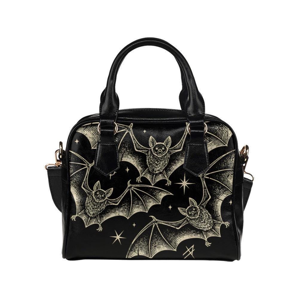 Gothic Bat Print Handbag, Vintage Engraving Vegan Leather Crossbody Purse