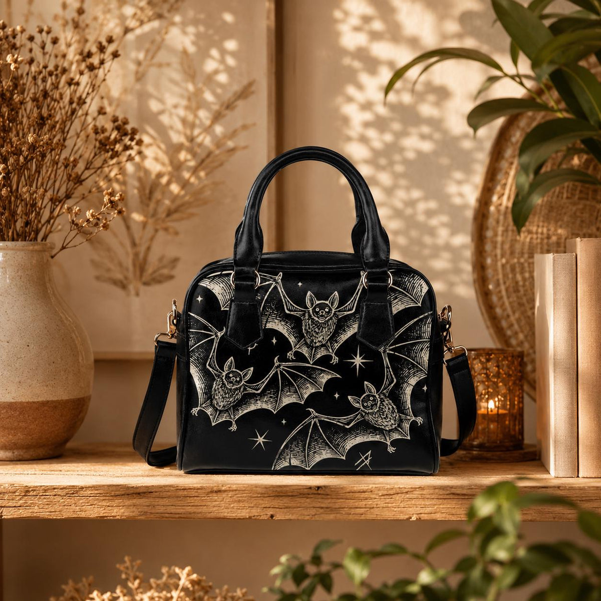 Gothic Bat Print Handbag, Vintage Engraving Vegan Leather Crossbody Purse