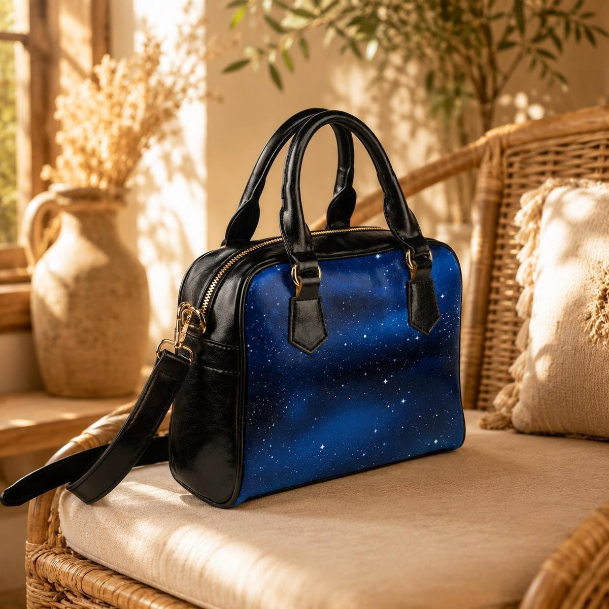 Cosmic Galaxy Stars Dark Blue Purse, Celestial Print Vegan Leather Handbag