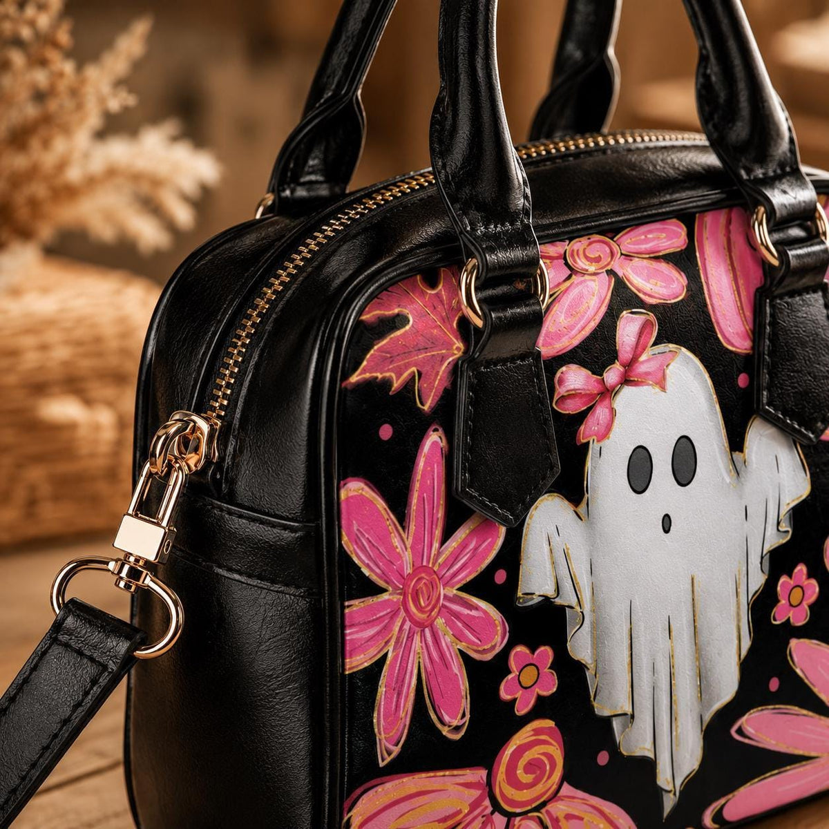 Pink Floral Ghost Satchel Bag, Kawaii Halloween Crossbody Purse