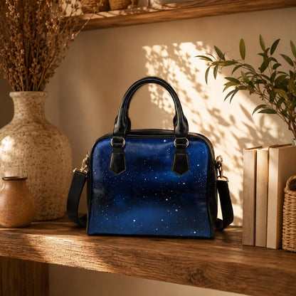 Cosmic Galaxy Stars Dark Blue Purse, Celestial Print Vegan Leather Handbag