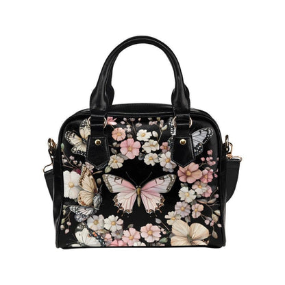 Black Butterfly Floral Satchel Handbag, Romantic Spring Blossom Statement Bag