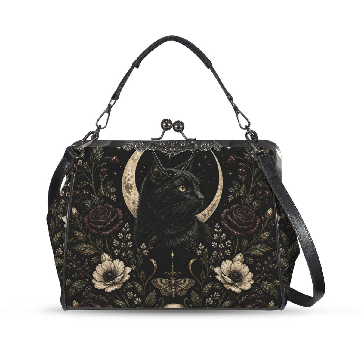 Black Cat Kisslock Purse, Crescent Moon Dark Floral Crossbody Bag