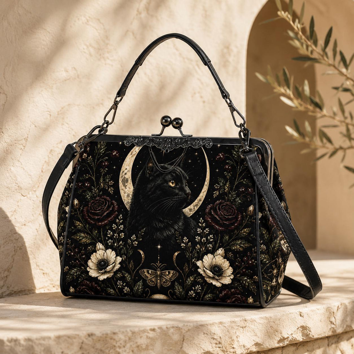 Black Cat Kisslock Purse, Crescent Moon Dark Floral Crossbody Bag