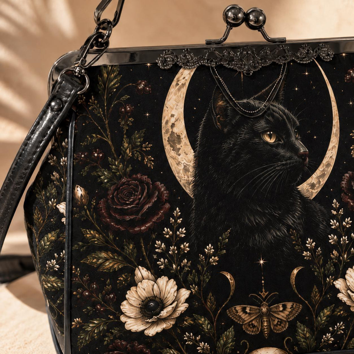 Black Cat Kisslock Purse, Crescent Moon Dark Floral Crossbody Bag