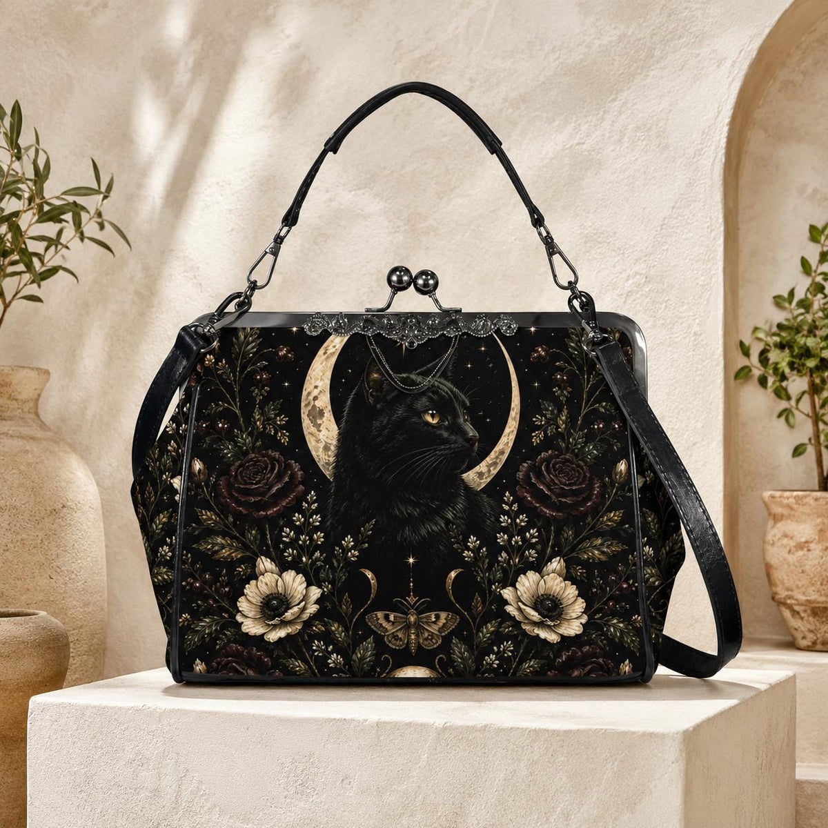Black Cat Kisslock Purse, Crescent Moon Dark Floral Crossbody Bag