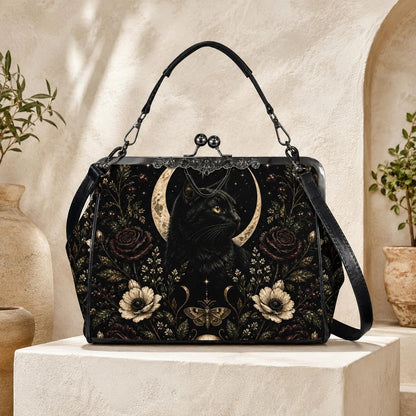 Black Cat Kisslock Purse, Crescent Moon Dark Floral Crossbody Bag