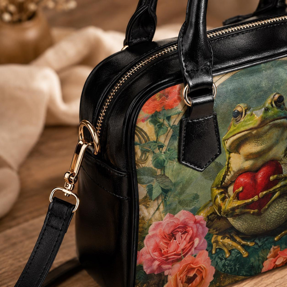 Romantic Frog Heart Satchel Bag, Botanical Cottagecore Handbag, Whimsical Gift