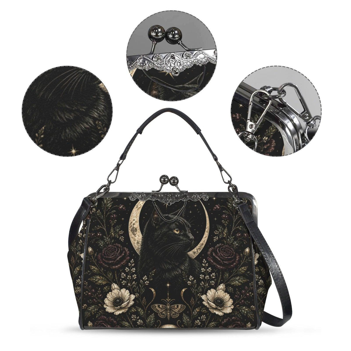 Black Cat Kisslock Purse, Crescent Moon Dark Floral Crossbody Bag