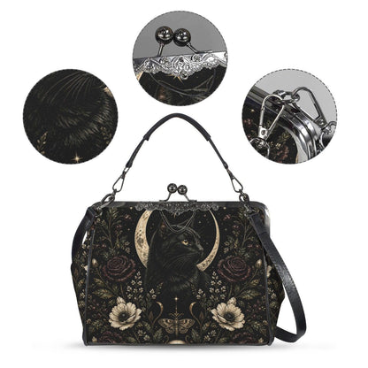 Black Cat Kisslock Purse, Crescent Moon Dark Floral Crossbody Bag