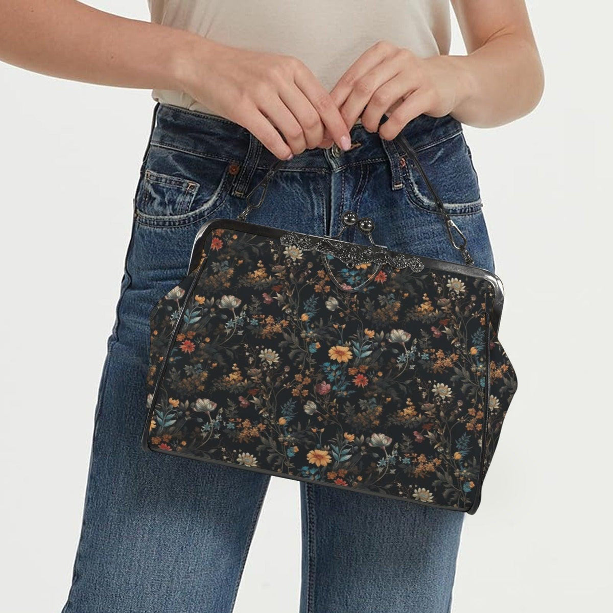 Dark Botanical Floral Satchel Bag, Gothic Witchy Clutch, Vintage Cottagecore Purse