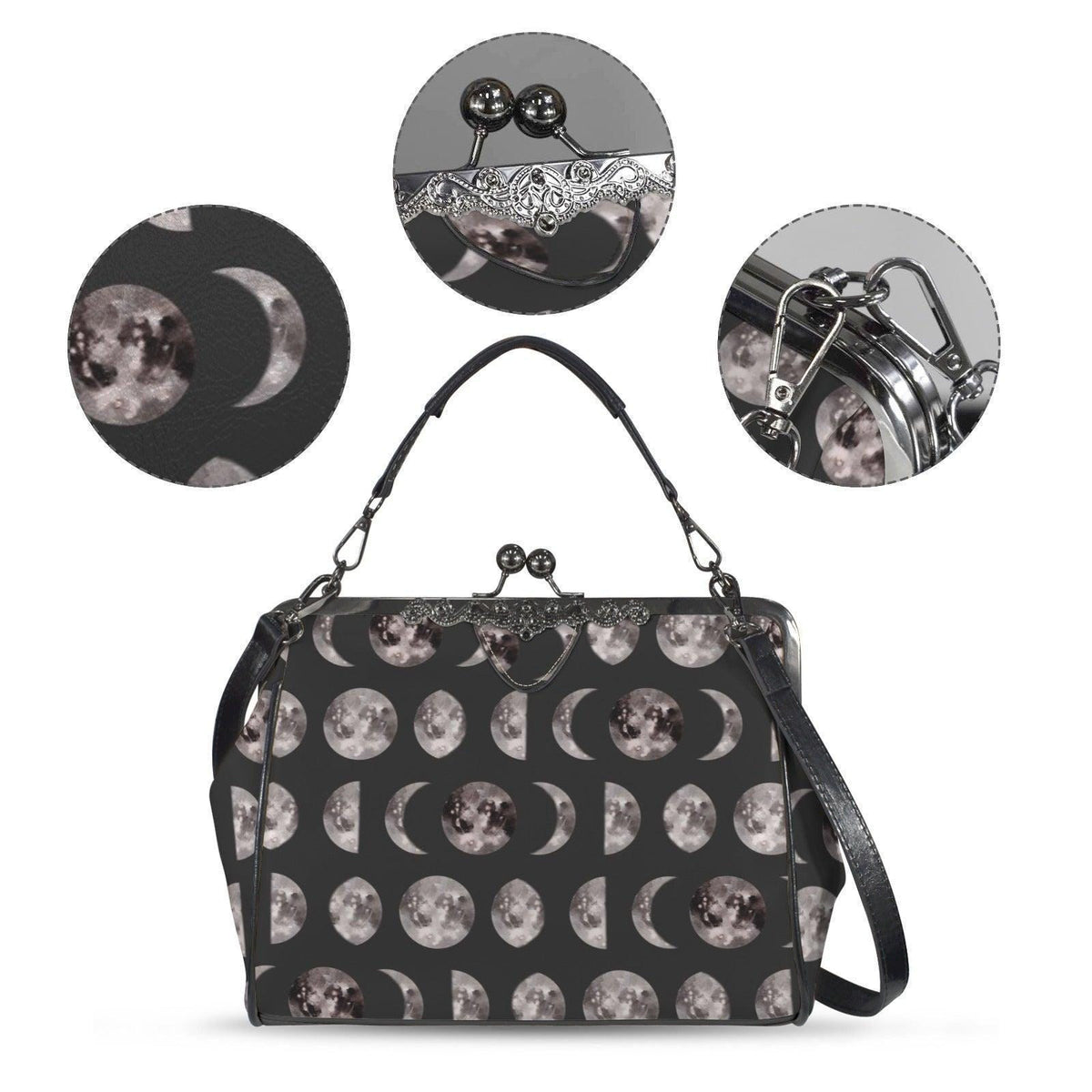 Moon Phase Kiss Lock Shoulder Bag, Celestial Lunar Crossbody Handbag, Witchy Style Astrology Gift