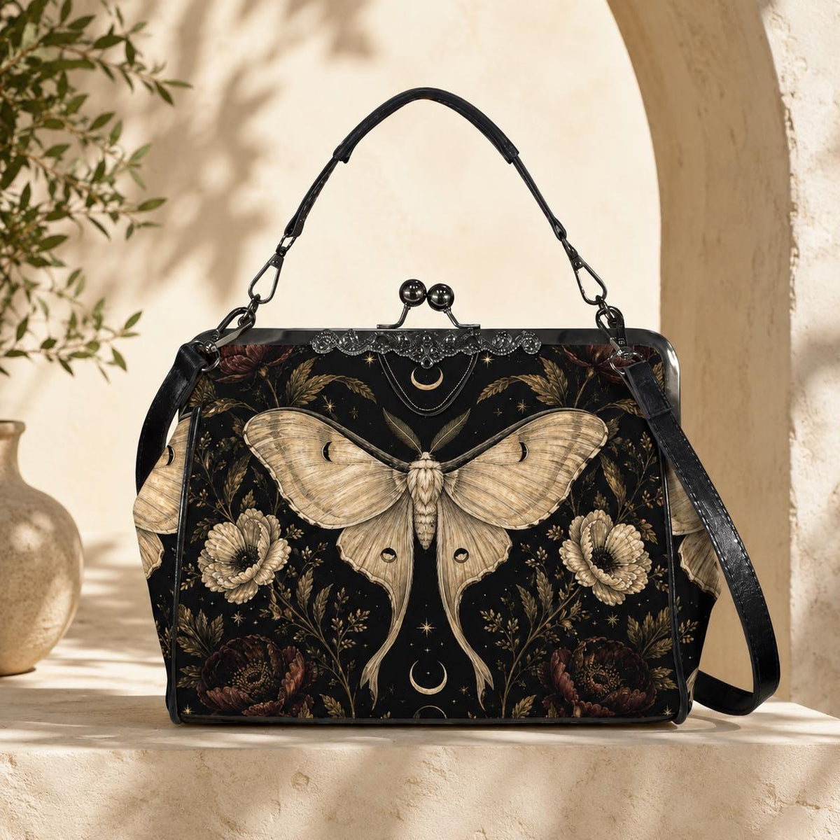 Luna Moth Kisslock Purse, Black Celestial Floral Crossbody Bag