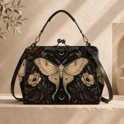 Luna Moth Kisslock Purse, Black Celestial Floral Crossbody Bag