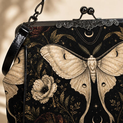 Luna Moth Kisslock Purse, Black Celestial Floral Crossbody Bag