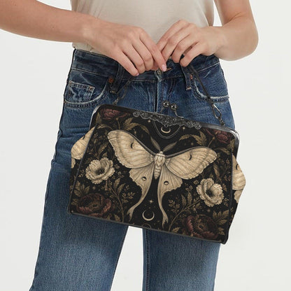 Luna Moth Kisslock Purse, Black Celestial Floral Crossbody Bag