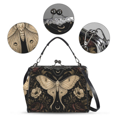 Luna Moth Kisslock Purse, Black Celestial Floral Crossbody Bag