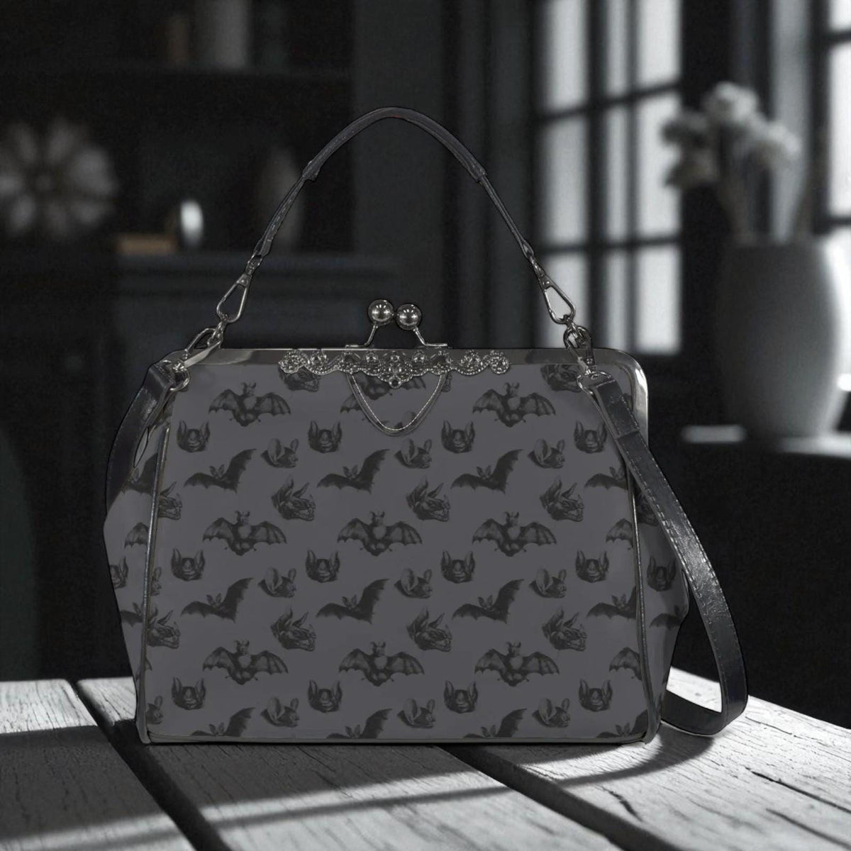 Midnight bat flight handbag, eerie night creature purse, spooky clasp shoulder bag