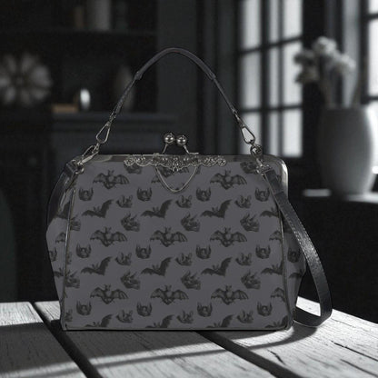 Midnight bat flight handbag, eerie night creature purse, spooky clasp shoulder bag