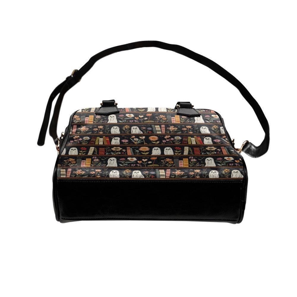 Book Lover Shoulder Bag, Ghost Bookshelf Print, Spooky Cottagecore Handbag