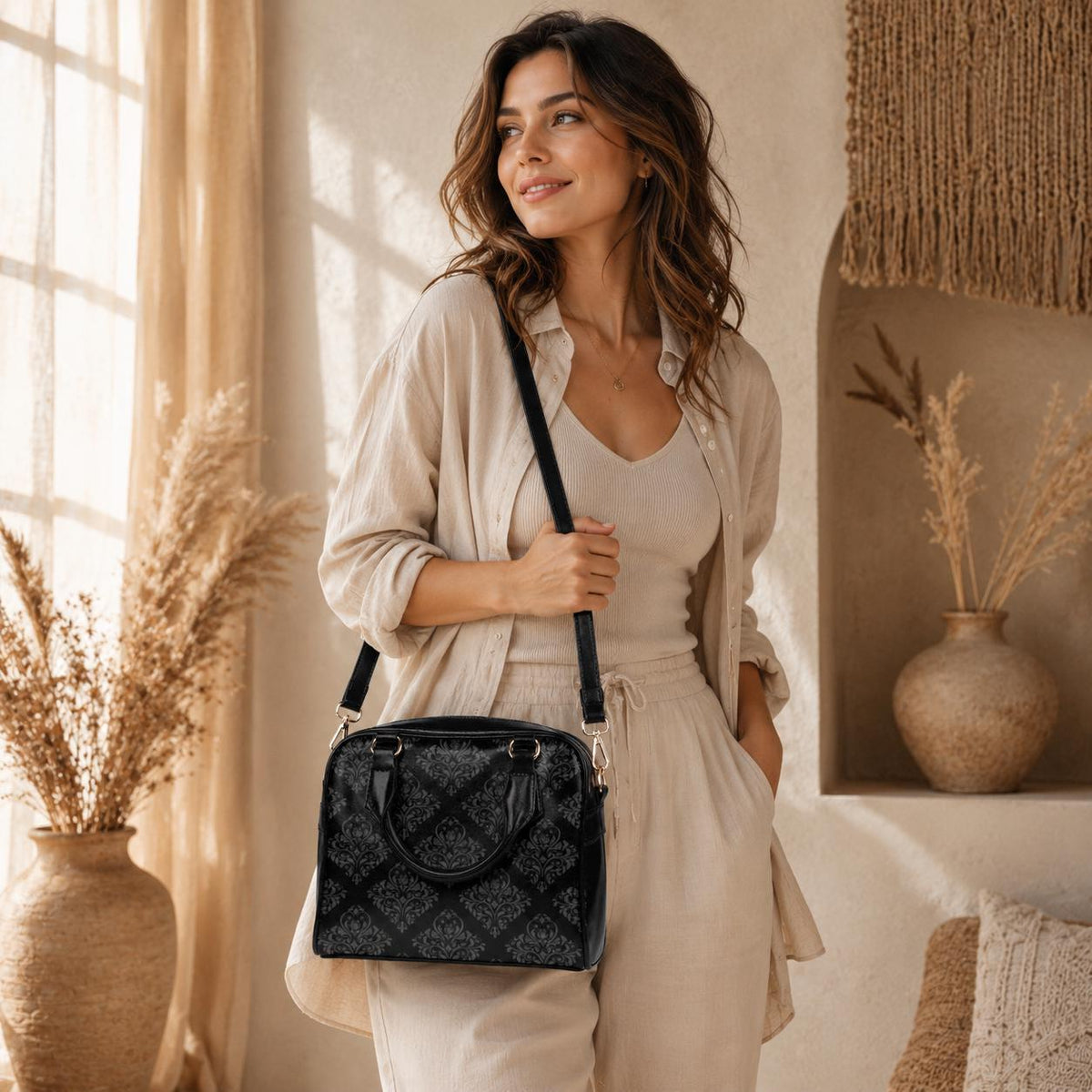 Black Damask Satchel, Dark Academia Purse, Elegant Gothic Handbag