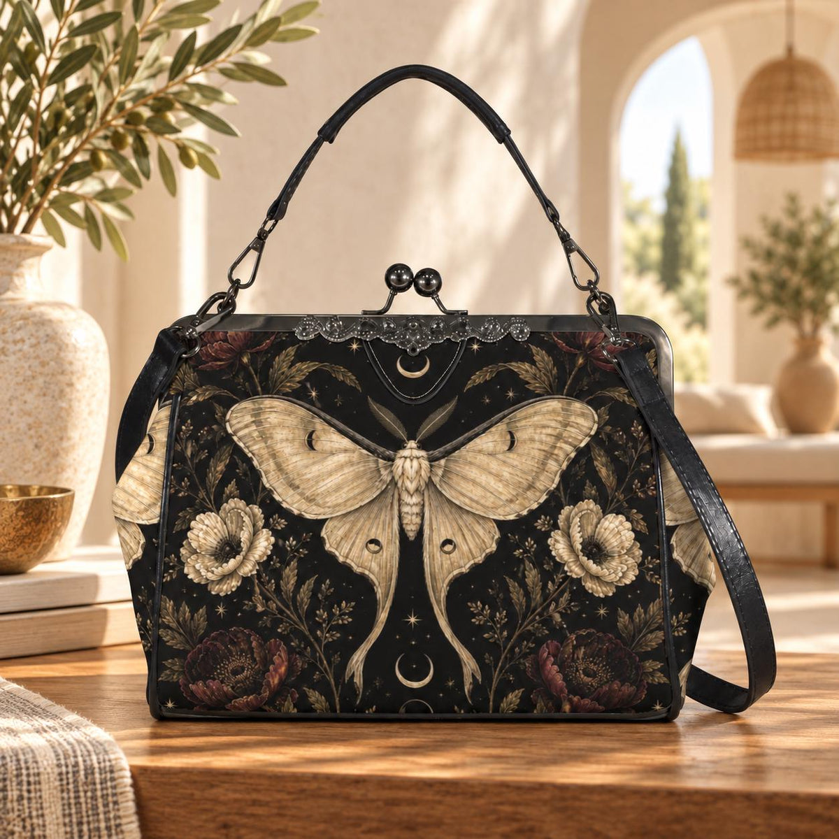 Luna Moth Kisslock Purse, Black Celestial Floral Crossbody Bag