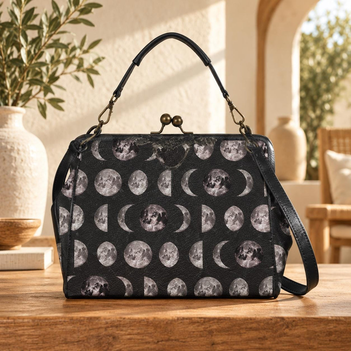 Moon Phase Kiss Lock Shoulder Bag, Celestial Lunar Crossbody Handbag, Witchy Style Astrology Gift