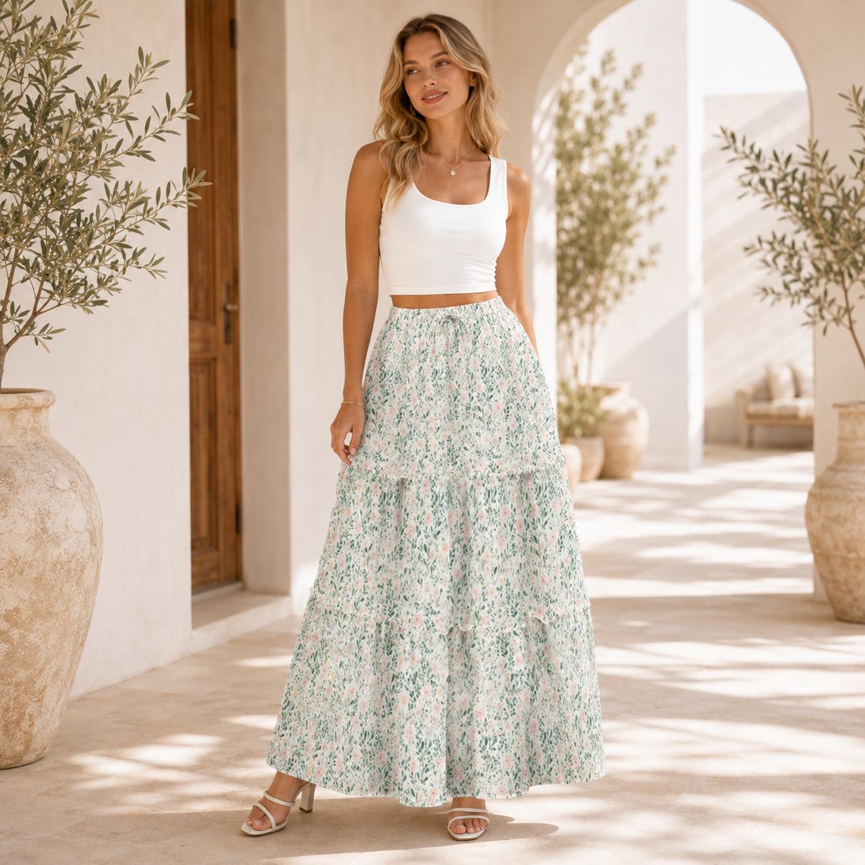 High Waist Tiered Maxi Skirt