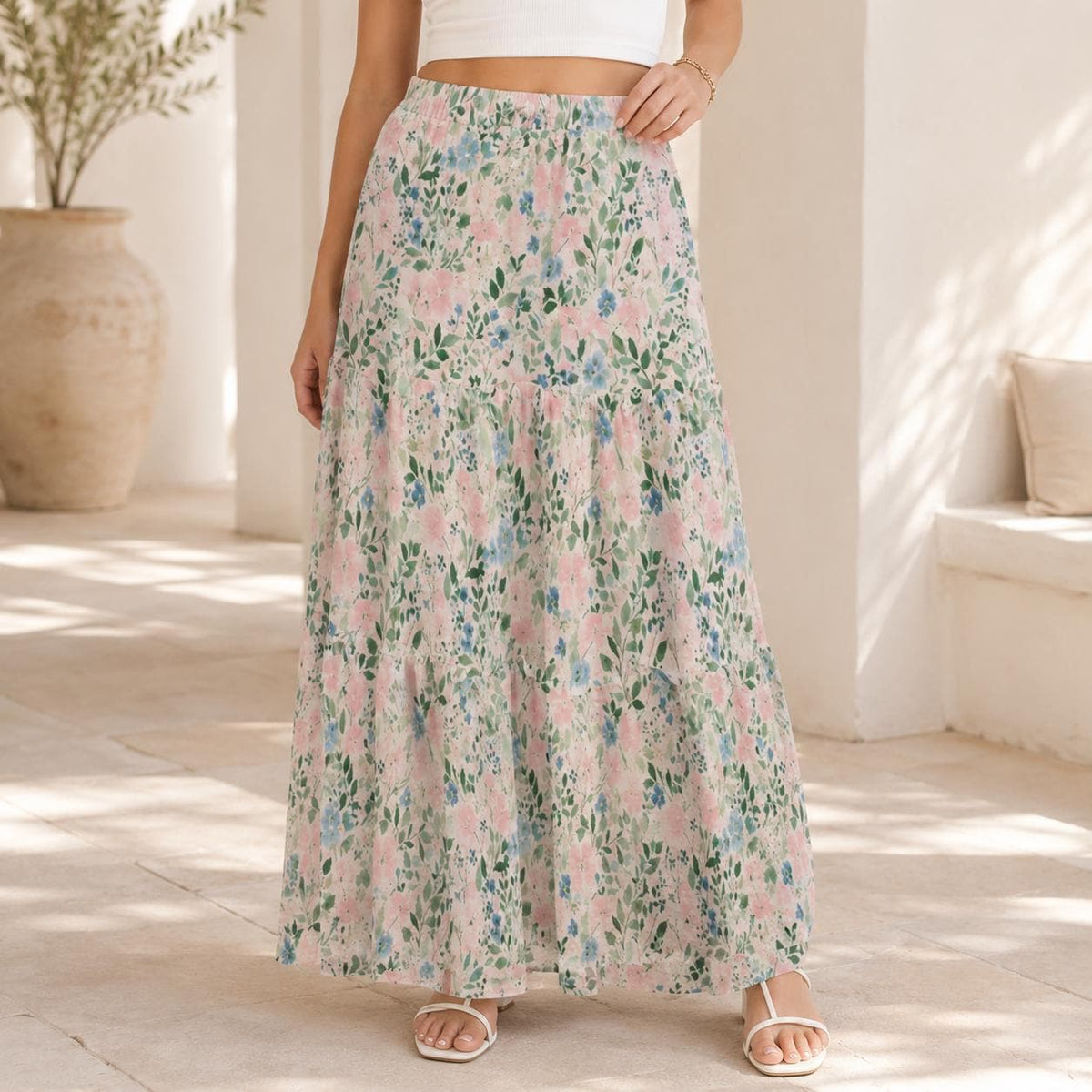 Cottage Garden Floral Maxi Skirt, Pale Green Pink Botanical Tiered Skirt