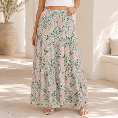 Cottage Garden Floral Maxi Skirt, Pale Green Pink Botanical Tiered Skirt
