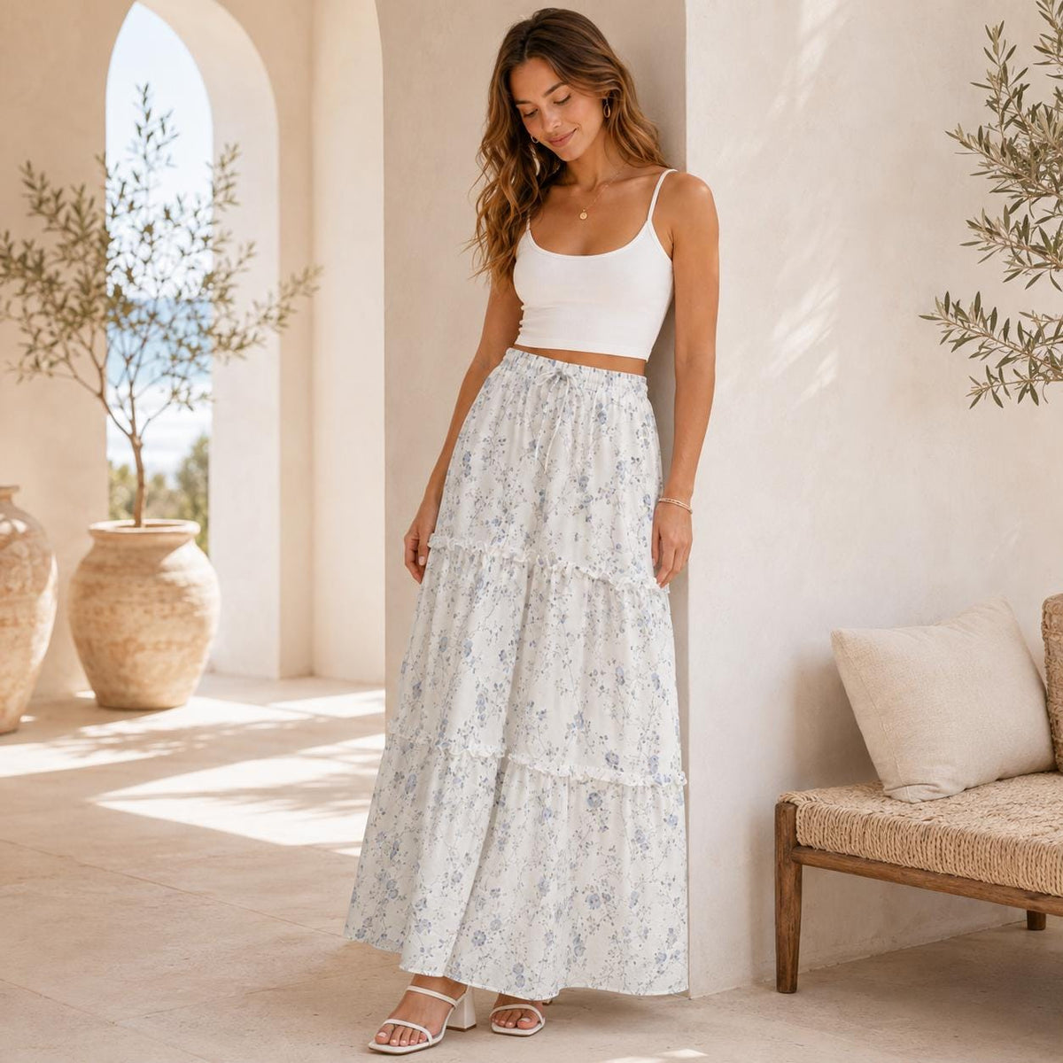 Delicate Blue Floral Maxi Skirt, Ivory Ditsy Wildflower Design