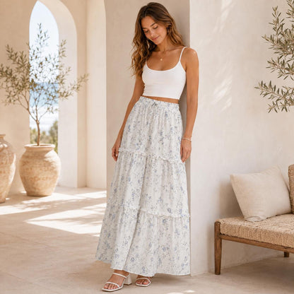 Delicate Blue Floral Maxi Skirt, Ivory Ditsy Wildflower Design