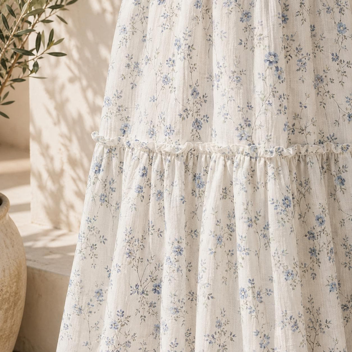 Delicate Blue Floral Maxi Skirt, Ivory Ditsy Wildflower Design