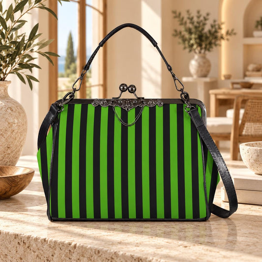 Green Stripe Kisslock Bag, Gothic Witchy Purse, Vintage Alt Fashion Handbag
