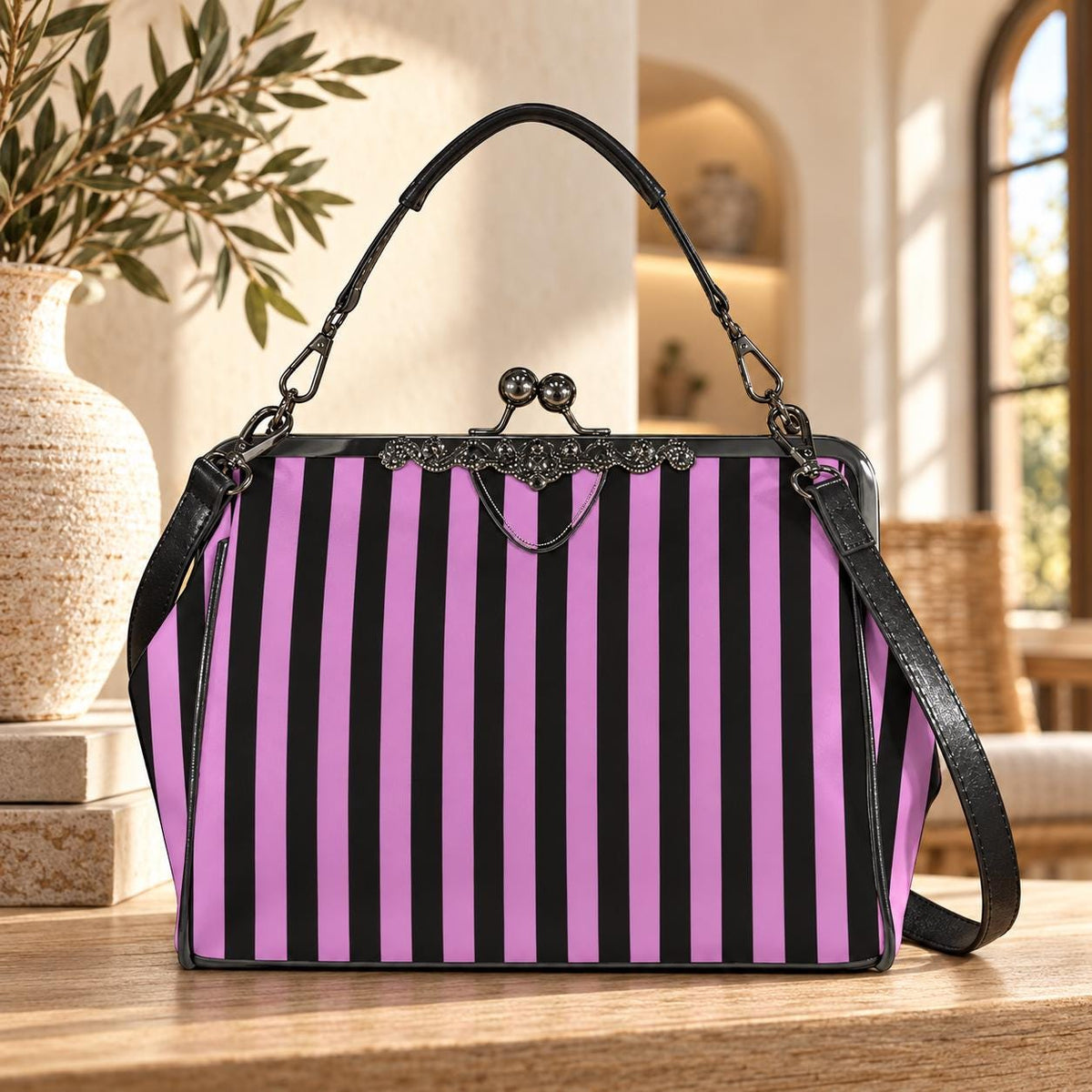 Gothic Striped Kiss Lock Handbag, Orchid Purple Black Vintage Frame Purse