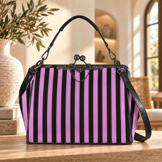 Pink and Black Stripe Vintage Handbag, Carnival Witchy Satchel, Retro Festival Bag
