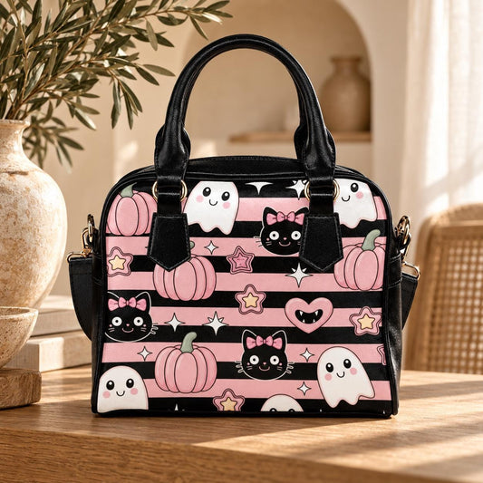 Pink Ghost and Cat Satchel Handbag