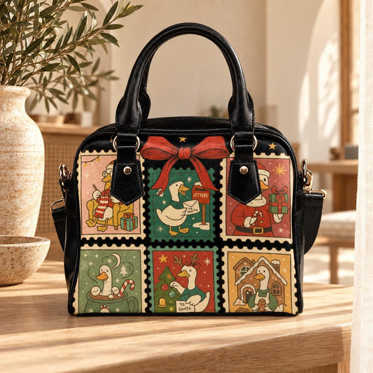 Christmas Goose Handbag, Holiday Stamp Print Purse, Festive Winter Satchel Bag
