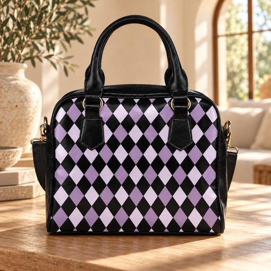 Purple Harlequin Satchel Bag, Vegan Leather Crossbody, Gothic Checkered Tote