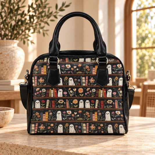 Ghost Bookshelf Handbag, Floral Book Lover Purse, Cute Spooky Satchel Bag