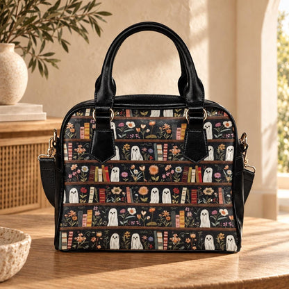 Book Lover Shoulder Bag, Ghost Bookshelf Print, Spooky Cottagecore Handbag